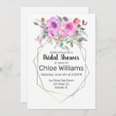 幾何学的な金ゴールド・フレーム付き水彩花束 招待状 (正面/裏面)