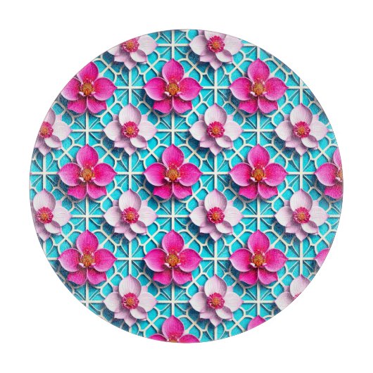 幾何学的な青の背景にピンクの花 カッティングボード (正面)