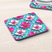 幾何学的な青の背景にピンクの花 コースター (左側)