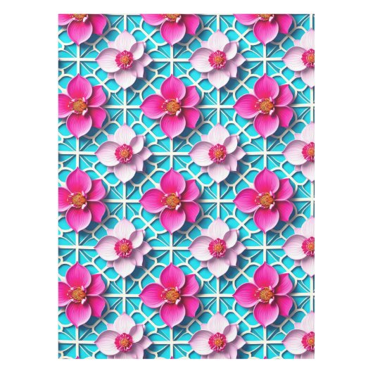 幾何学的な青の背景にピンクの花 テーブルクロス (正面)