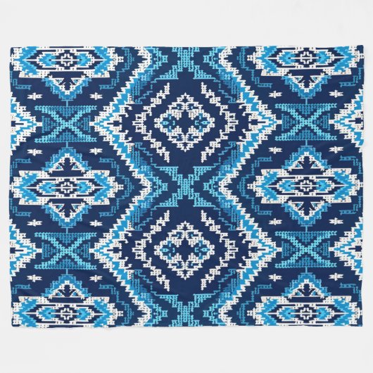 幾何学的な青アステカ編みアート フリースブランケット (正面(横))