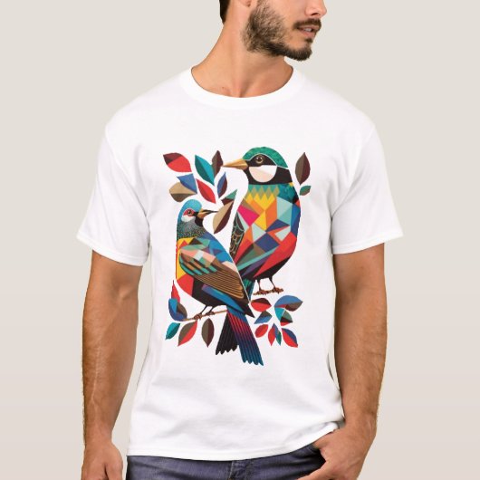 幾何学的な鳥のアールデコ Tシャツ (正面)