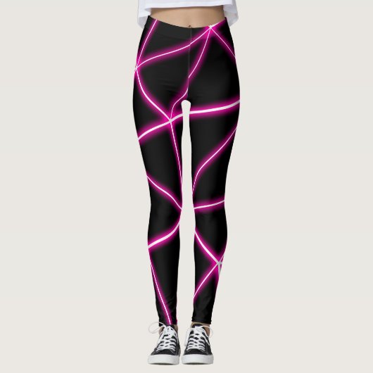 幾何学的な黒い三角形ネオンピンクの線レトロ レギンス (正面)