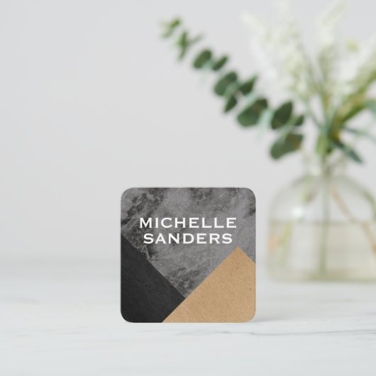 幾何学的な黒い大理石のフェイク革クラフト スクエア名刺 (スタンド正面)
