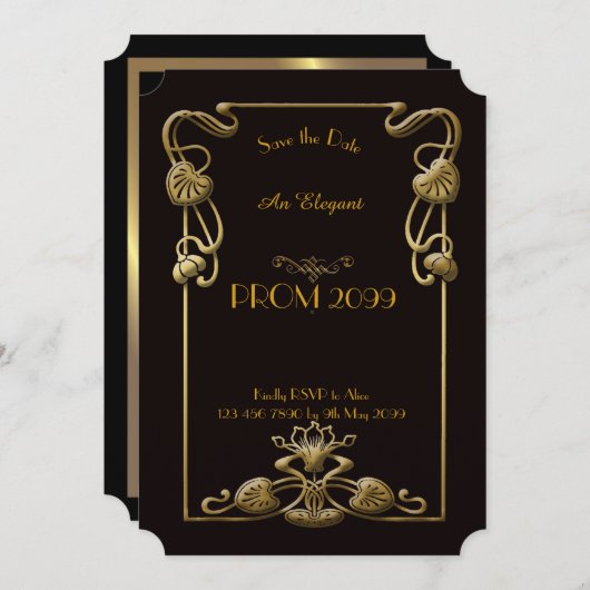 、幾何学的な黒い金ゴールド年長後輩プロムアールデコ 招待状 (正面/裏面)