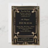 、幾何学的な黒い金ゴールド年長後輩プロムアールデコ 招待状 (正面)