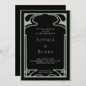 幾何学的な黒と緑のアールデコ結婚の 招待状 (正面/裏面)