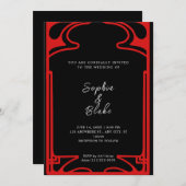 幾何学的な黒と赤のアールデコ結婚の 招待状 (正面/裏面)