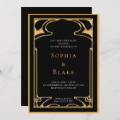 幾何学的な黒と金ゴールドのアールデコ 招待状 (正面/裏面)