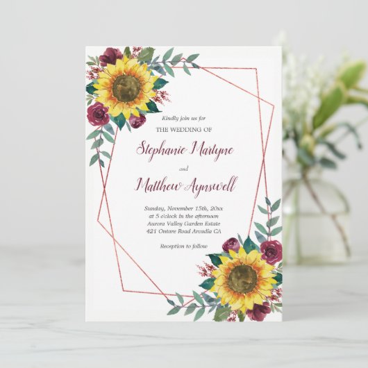 幾何学的ひまわりバーガンディフローラ結婚バラ 招待状 (スタンド正面)