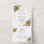 幾何学的ひまわりバーガンディモダンバラ結婚ズ オールインワン招待状 (内側)