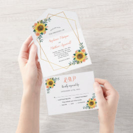 幾何学的ひまわりピーチモダンバラ結婚ズ オールインワン招待状