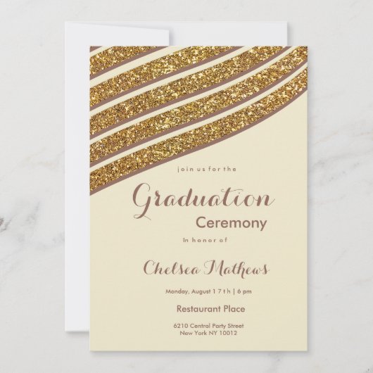 幾何学的アイボリー茶色金ゴールドグリッター卒業 招待状 (正面)