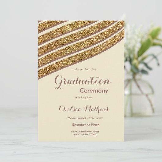 幾何学的アイボリー茶色金ゴールドグリッター卒業 招待状 (スタンド正面)