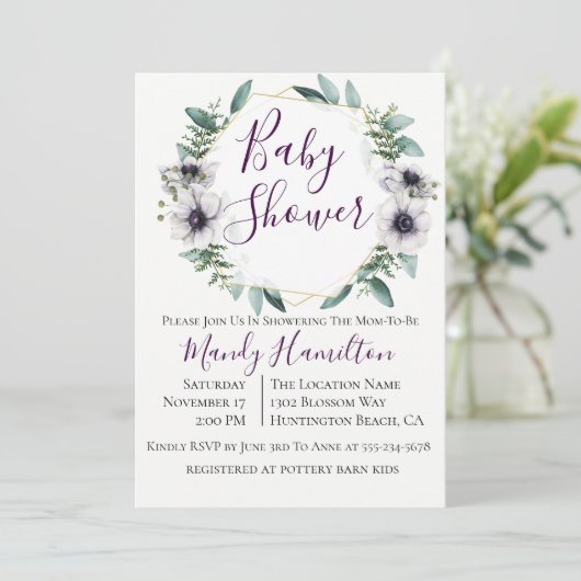 幾何学的アネモネユーカリ赤ちゃんシャワー 招待状 (スタンド正面)