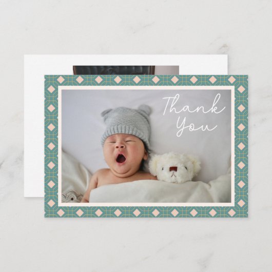 幾何学的アートティール(緑がかった色)2枚フォトベビーシャワーメッセージ サンキューカード (正面/裏面)