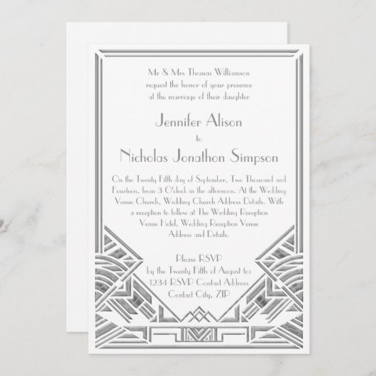 幾何学的アールデコギャツビースタイル結婚式 招待状 (正面/裏面)