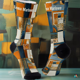 幾何学的アールデコパッチワーク(青と金ゴールド) ソックス