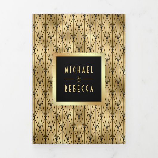 幾何学的アールデコブラック金ゴールドQRコー結婚ド 三つ折り招待状 (カバー)