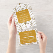 幾何学的アールデコ金ゴールドホワイト結婚・ギャツビー オールインワン招待状 (貼ってはがせる)