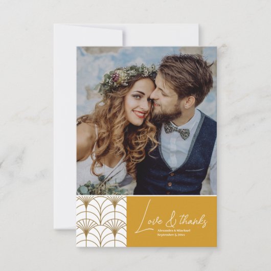 幾何学的アールデコ金ゴールドホワイト結婚・ギャツビー サンキューカード (正面)