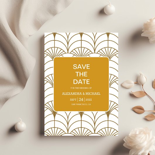 幾何学的アールデコ金ゴールドホワイト結婚・ギャツビー セーブザデート