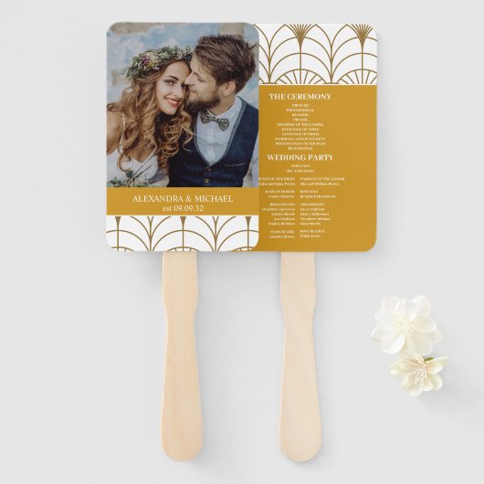 幾何学的アールデコ金ゴールドホワイト結婚・ギャツビー ハンドファン (正面&裏面)