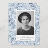幾何学的インディゴブルー水彩卒業パーティー 招待状 (正面/裏面)