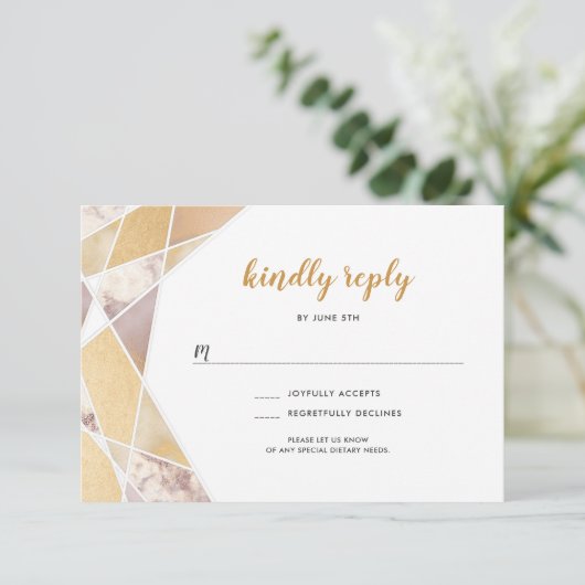 幾何学的ウェディング出欠 | 金ゴールドフェイク大理石 出欠カード (スタンド正面)