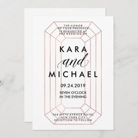 幾何学的エメモダンラルドカットダイヤモンドの結婚形状 招待状 (正面/裏面)