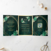 幾何学的エメラルドグリーンフローラQRコー結婚ド 三つ折り招待状 (内部)