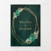 幾何学的エメラルドグリーンフローラQRコー結婚ド 三つ折り招待状 (カバー)