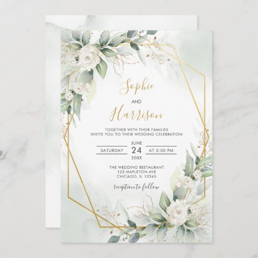 幾何学的エレガントセージと金ゴールドグリ結婚ネリー 招待状 (正面/裏面)