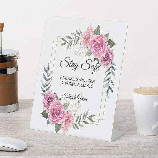 幾何学的エレガントピンクローズの安全性 台座サイン (インサイチュ)