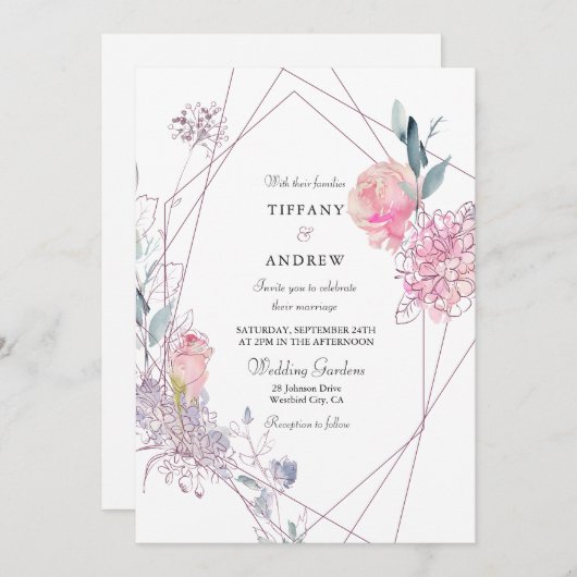 幾何学的エレガントピンクローズフローラ結婚式の招待 招待状 (正面/裏面)