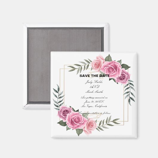 幾何学的エレガントピンクローズ日付磁石を保存 マグネット (正面/裏面)