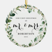 幾何学的エレガント緑の初めてのクリスマス セラミックオーナメント (正面)