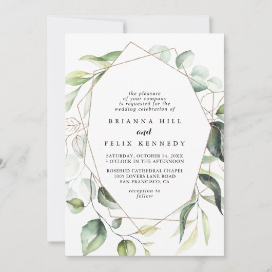 幾何学的エレガント金ゴールドグリーンリー結婚ダイヤモンド 招待状 (正面)