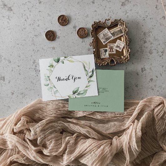 幾何学的エレガント金ゴールドグリーンリー結婚フラット サンキューカード