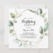幾何学的エレガント金ゴールドグリーンリー誕生日パーティー 招待状 (正面)
