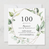 幾何学的エレガント金ゴールドグリーン100th誕生日パーティー 招待状 (正面)