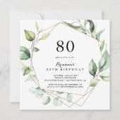 幾何学的エレガント金ゴールドグリーン80th誕生日パーティー 招待状 (正面)
