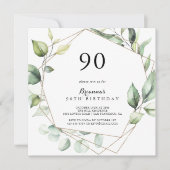 幾何学的エレガント金ゴールドグリーン90th誕生日パーティー 招待状 (正面)
