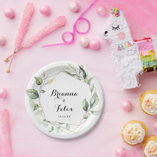 幾何学的エレガント金ゴールドグ結婚リーズケーキ ペーパープレート (パーティー)