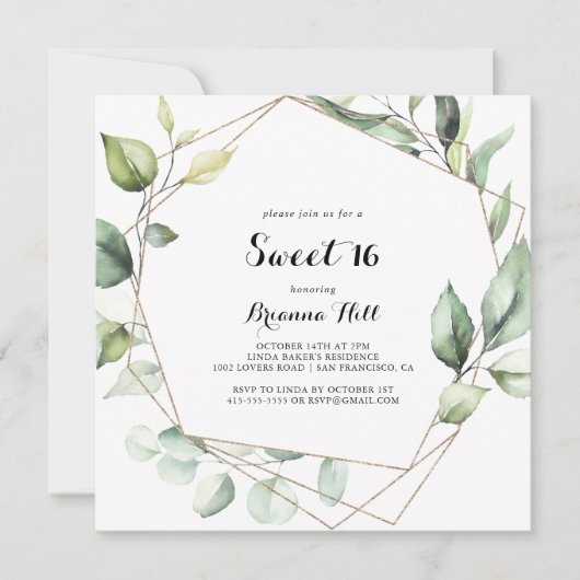幾何学的エレガント金ゴールドスウィート16誕生日パーティー 招待状 (正面)