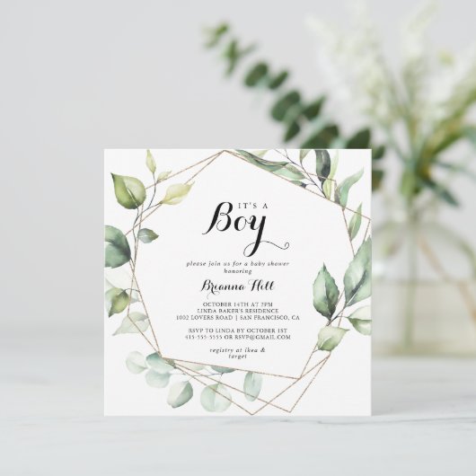 幾何学的エレガント金ゴールド男の子の赤ちゃんシャワー 招待状 (スタンド正面)