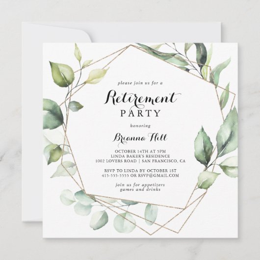 幾何学的エレガント金ゴールド緑化退職パーティー 招待状 (正面)