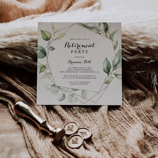 幾何学的エレガント金ゴールド緑化退職パーティー 招待状