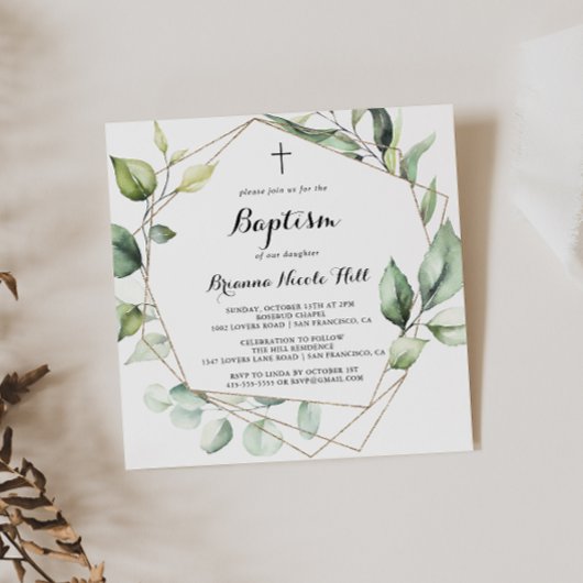 幾何学的エレガント金ゴールド緑色洗礼 招待状