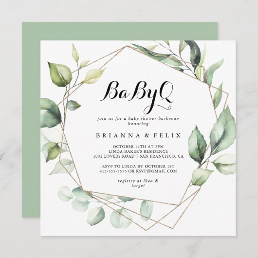 幾何学的エレガント金ゴールドBabyQベビーシャワーバーベキュー 招待状 (正面/裏面)